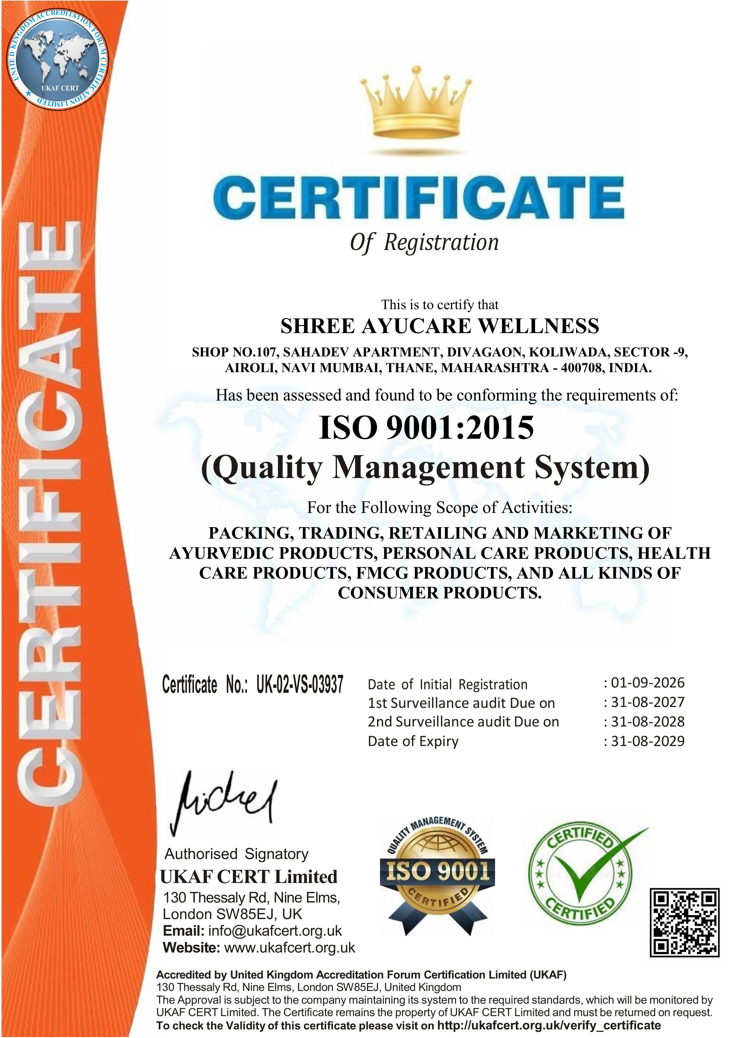 Certificate of ISO 9001:2015 (Quality Management System)