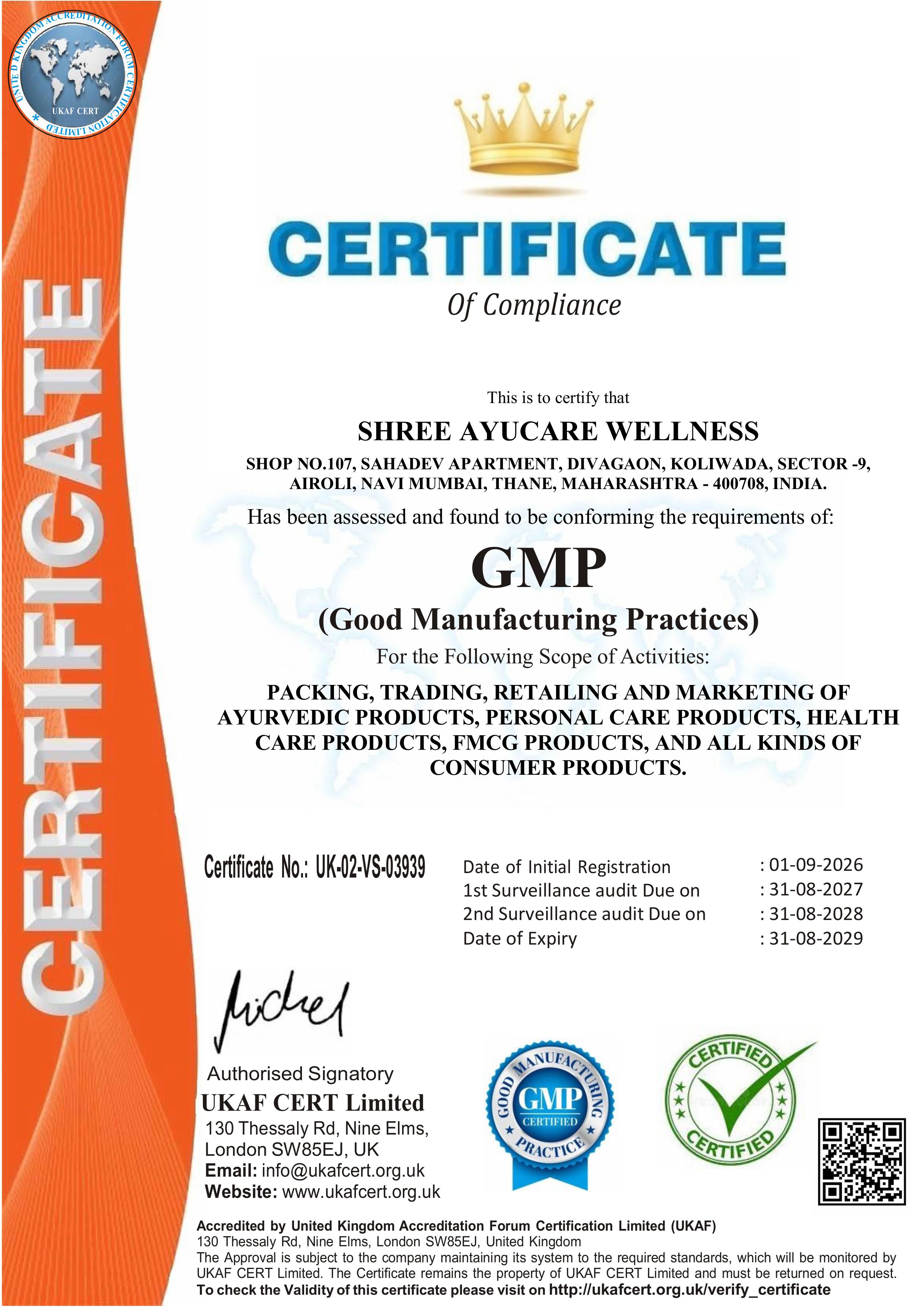 Certificate of GMP (Good Manufacturing Practices)