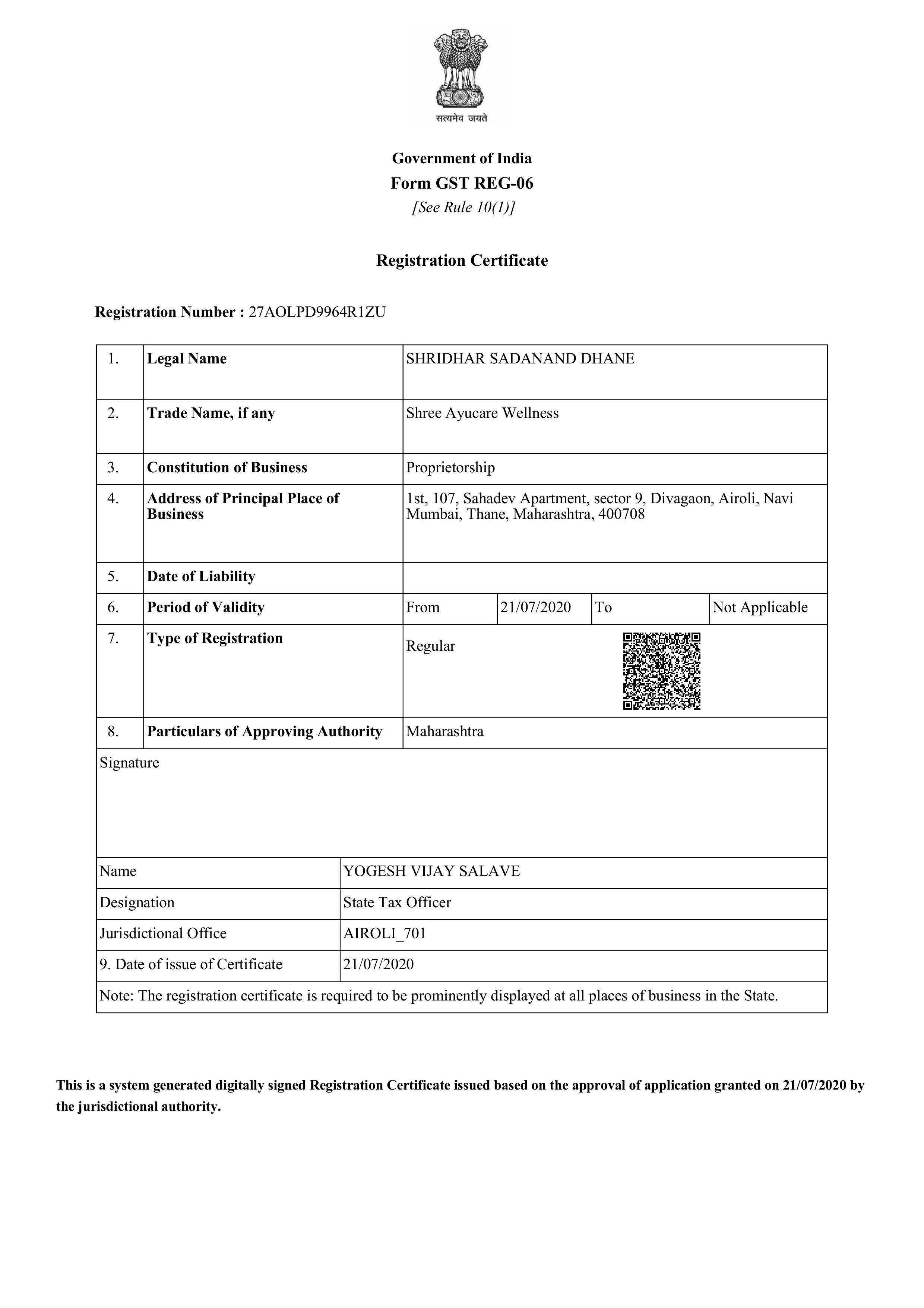 GST Certificate - Registration Number: 27AOLPD9964R1ZU
